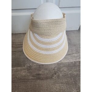 Anne Klein Womens Straw Sun Visor Hat Tan White Striped Adjustable Wide Brim